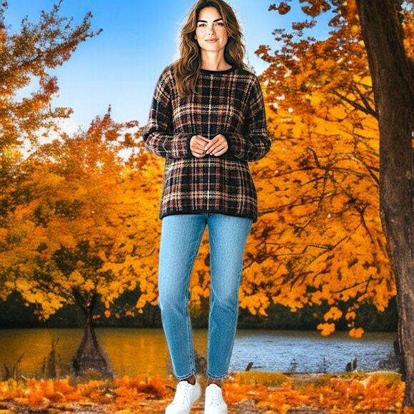 Vintage Mohair Blend Plaid Sweater XL Brown Oversized Boxy Academia Grandpa 80s - Picture 16 of 16